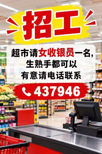 超市请女收银员一名